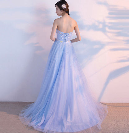 Blue tulle lace long prom dress blue evening gown  10211