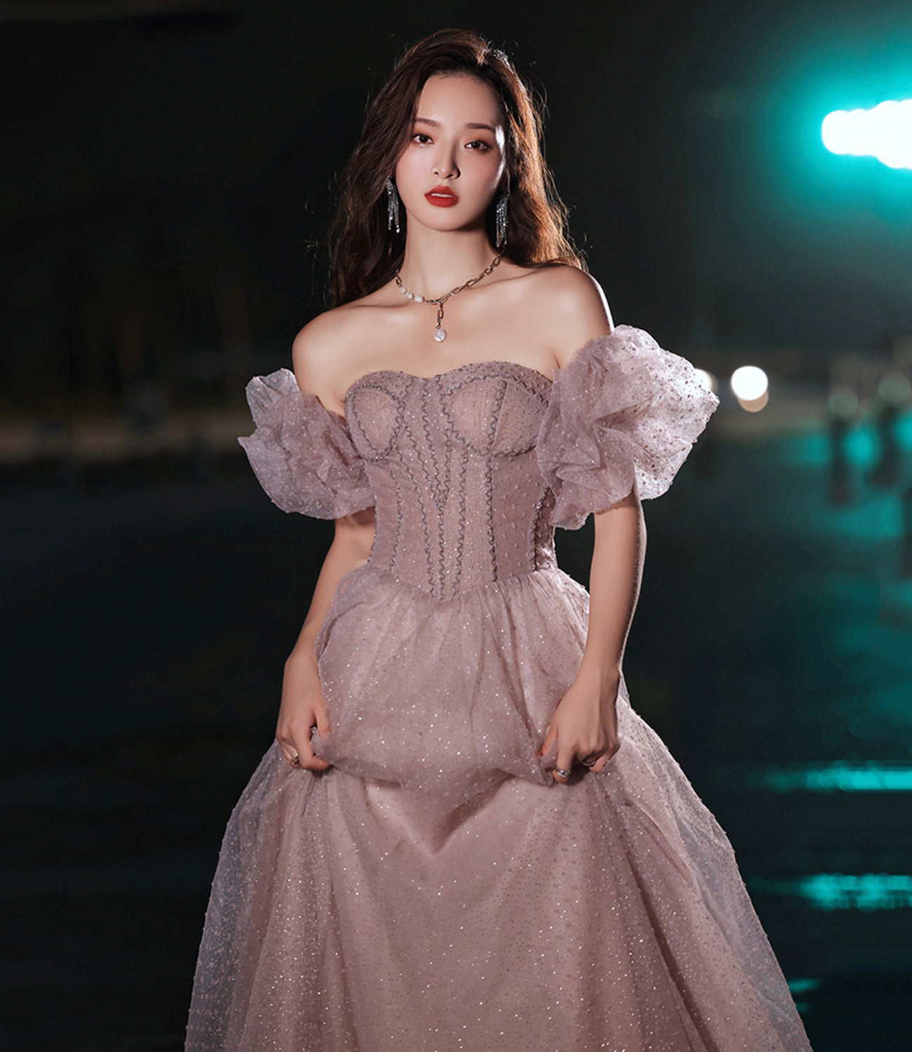 Pink tulle long prom dress pink evening dress  10218