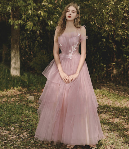 Pink tulle lace long prom dress pink evening gown  10188