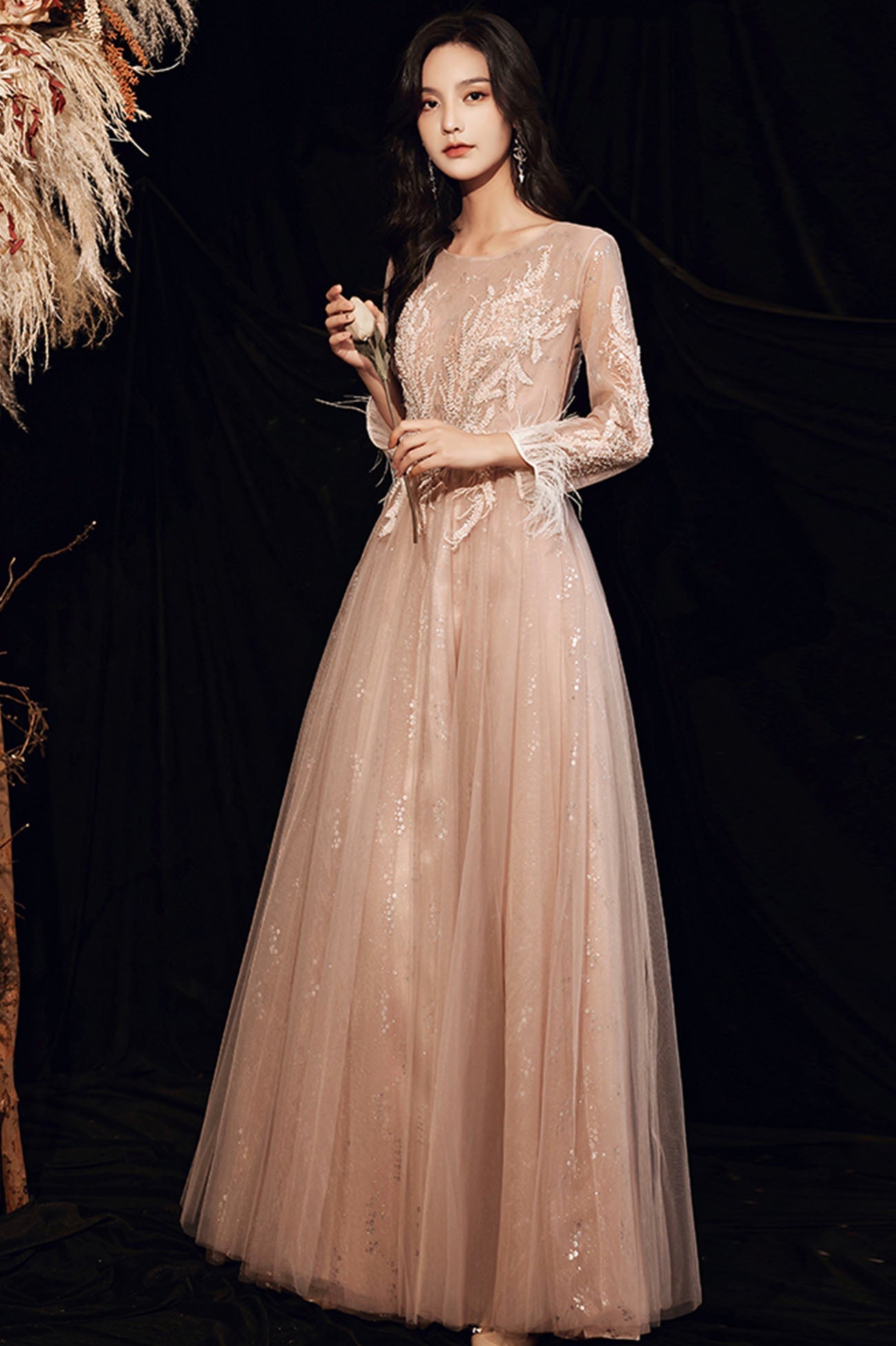 Stylish tulle lace long prom dress long sleeve evening dress  10176