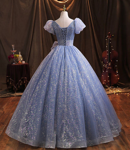 Blue tulle long prom dress A line evening gown  10229