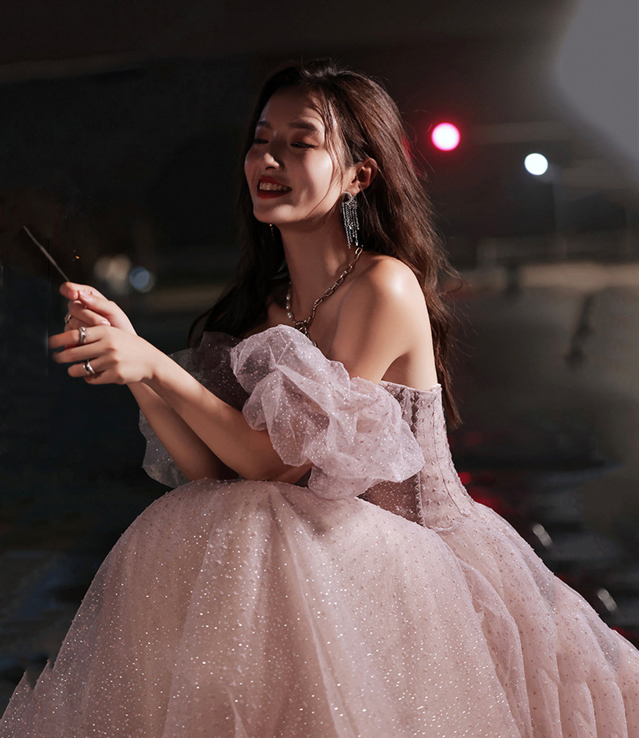 Pink tulle long prom dress pink evening dress  10218