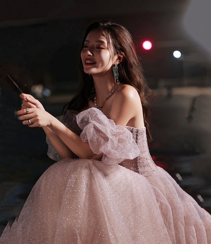 Pink tulle long prom dress pink evening dress  10218