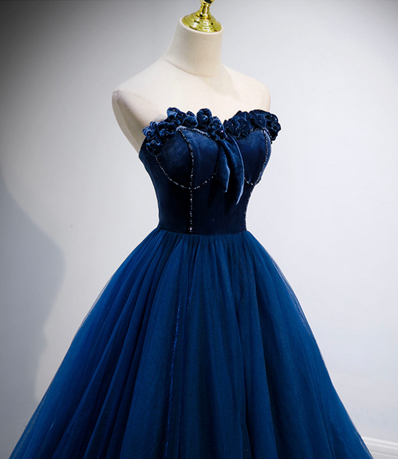 Blue velvet tulle long prom dress blue evening gown  10161