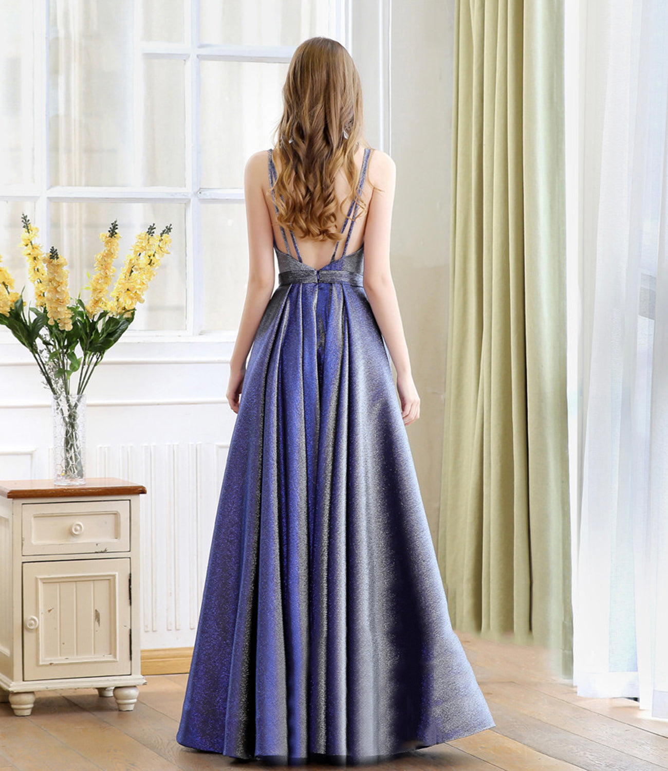 Blue satin long A line prom dress blue evening dress  10235