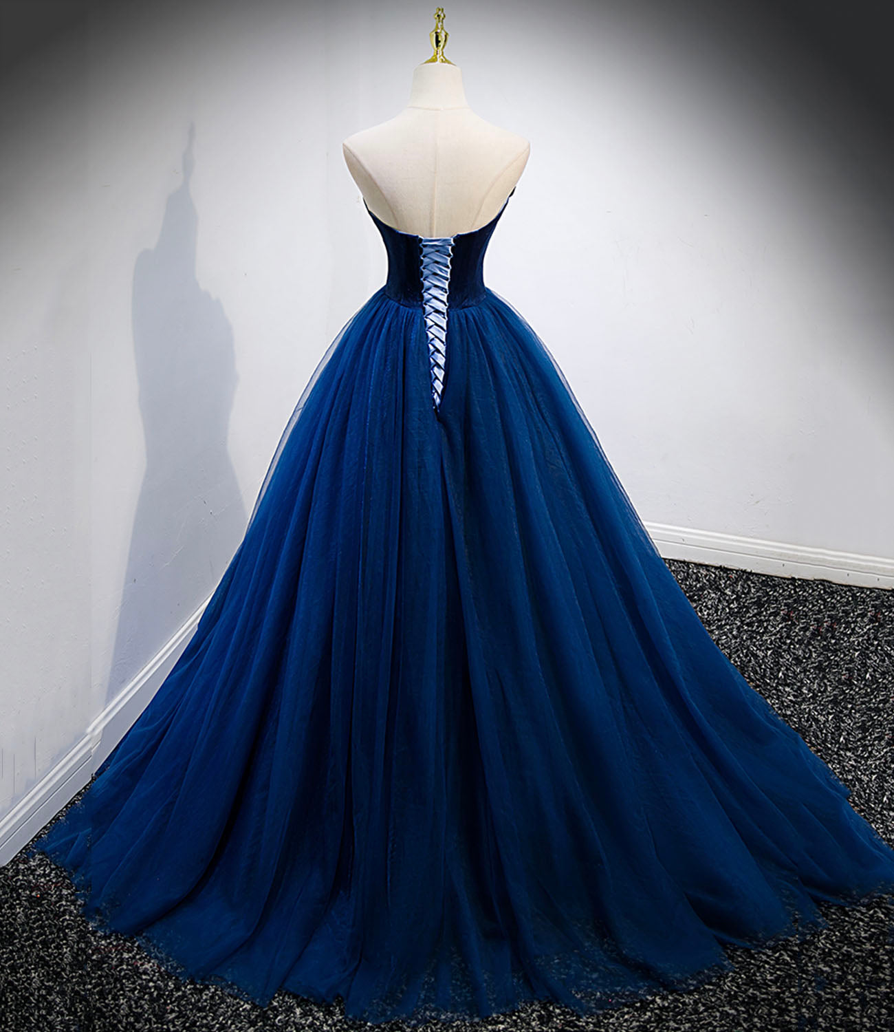 Blue velvet tulle long prom dress blue evening gown  10161