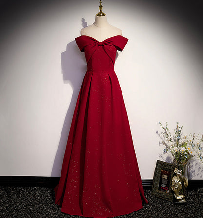 Burgundy satin long prom dress A line evening gown  10138