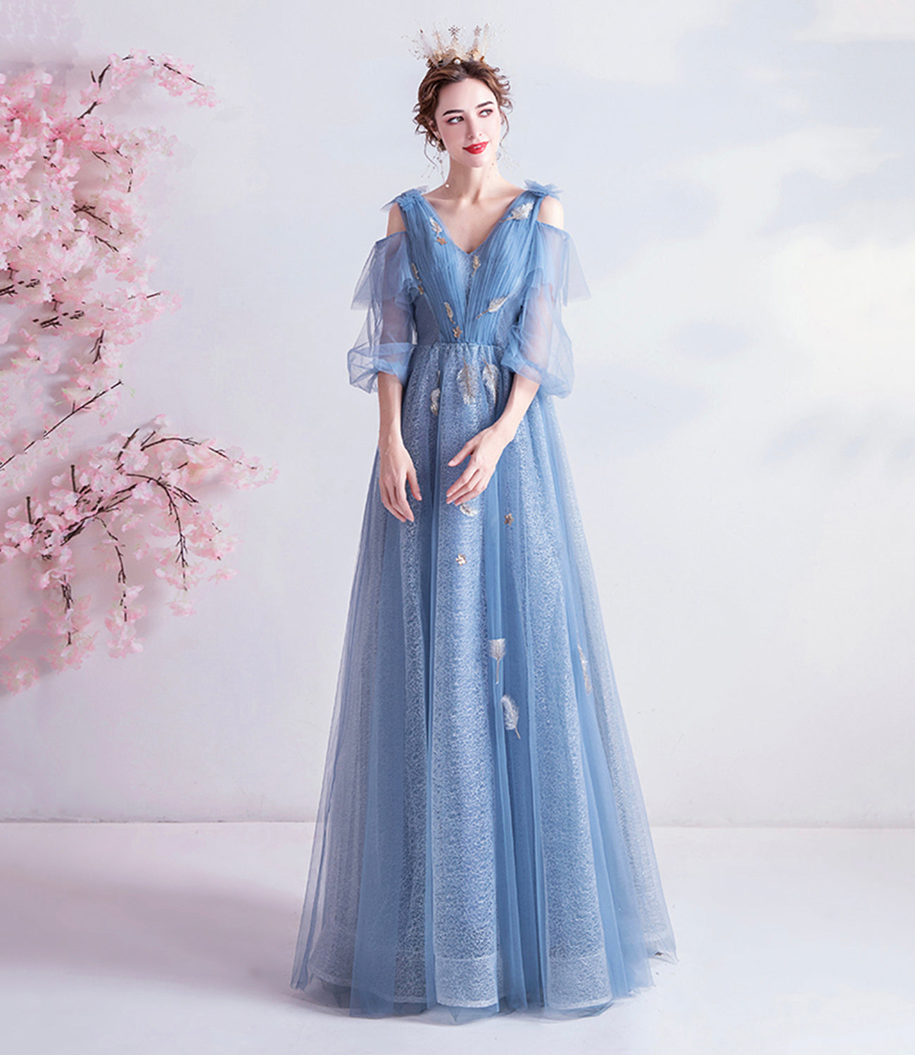 Blue v neck tulle long prom dress A line evening dress  10144