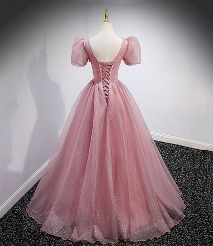 Pink tulle sequins long prom dress pink evening gown  10158
