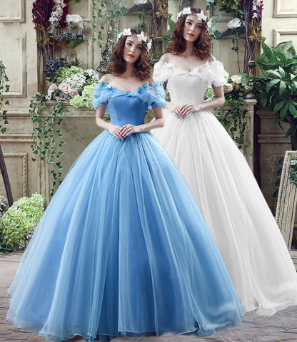 Blue tulle long A line prom dress evening gown  10185