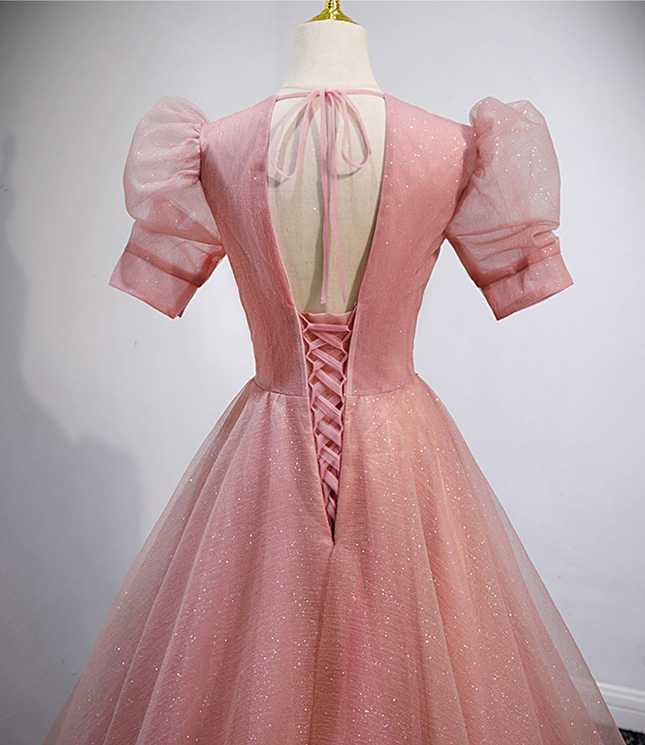 Pink tulle beads long prom dress A line evening gown  10162