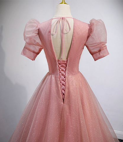 Pink tulle beads long prom dress A line evening gown  10162