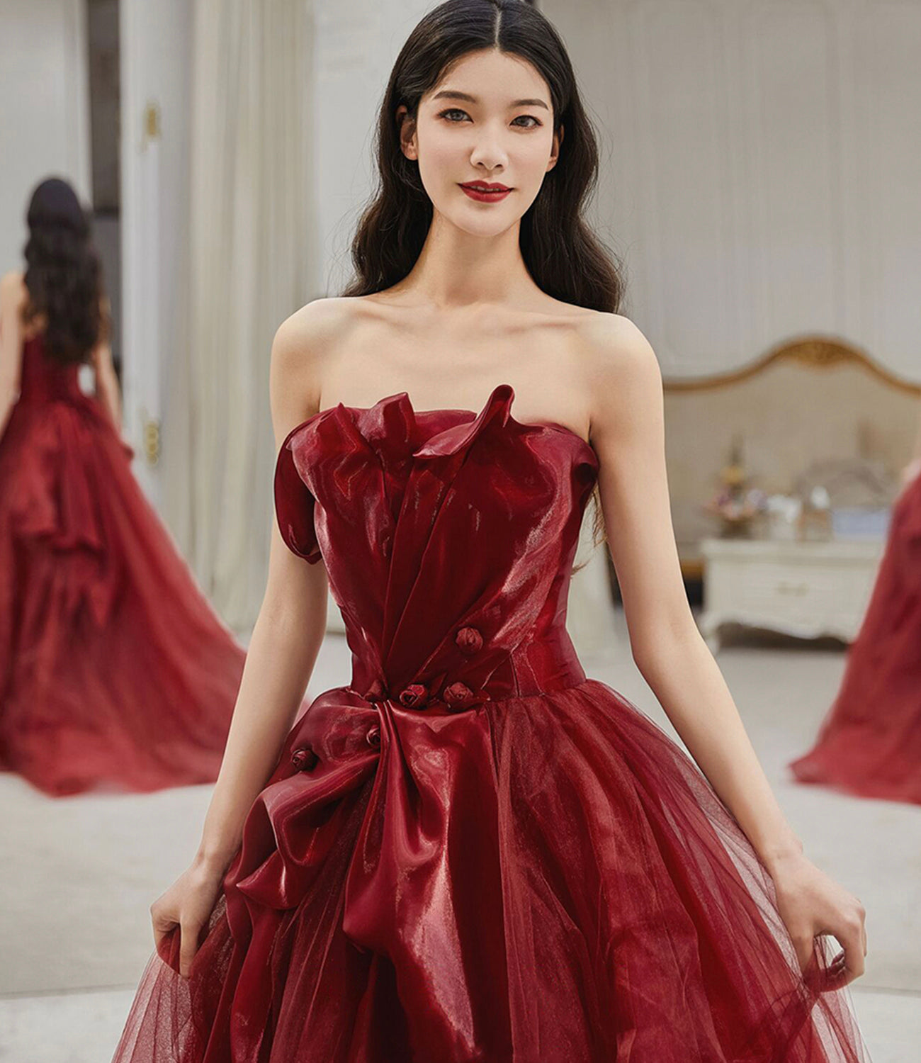 Burgundy tulle long prom dress A line evening dress  10146