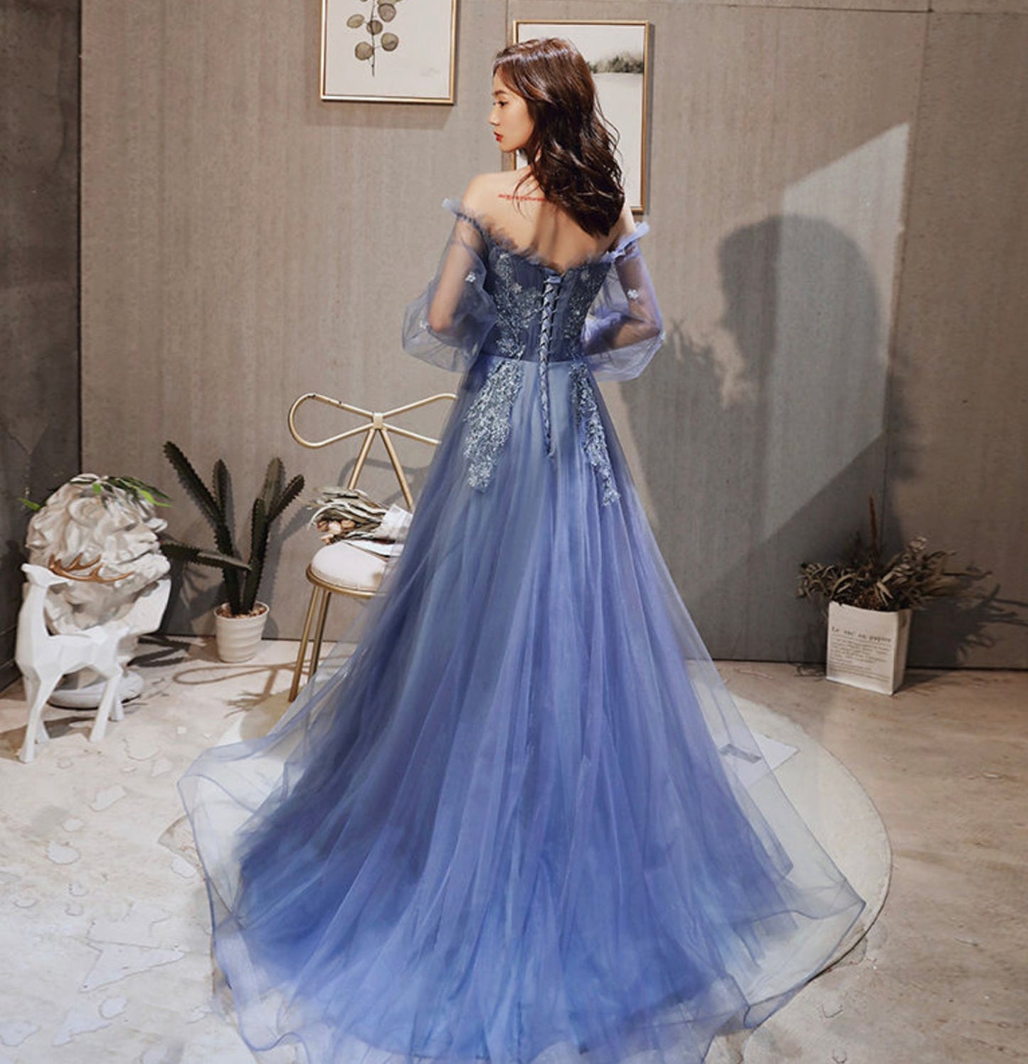 Blue tulle lace long prom dress A line evening gown  10046
