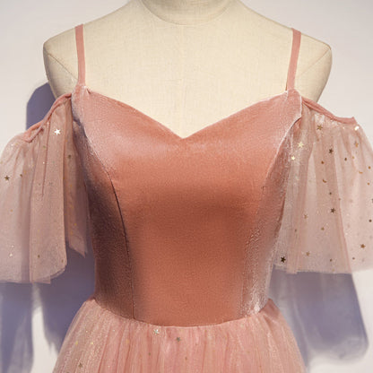 Pink velvet tulle long prom dress, pink evening dress  10079