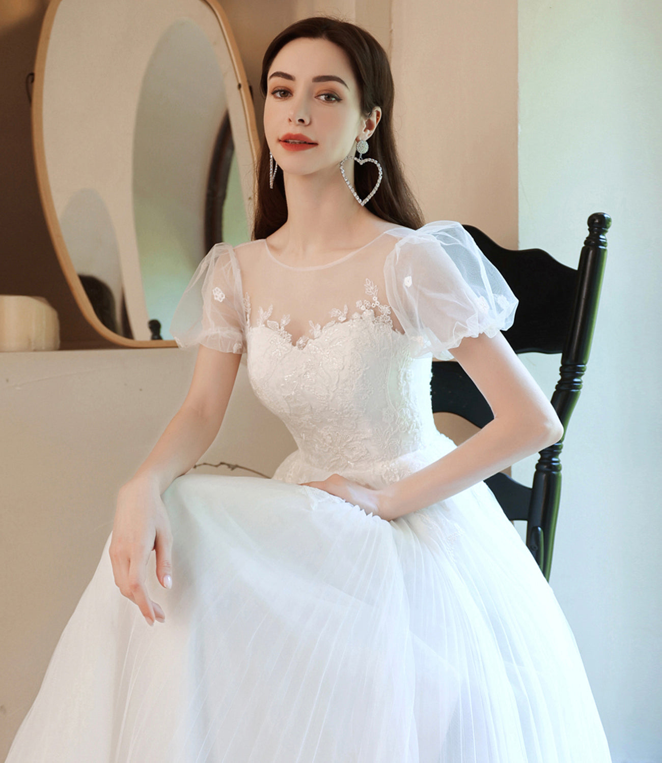 White tulle lace long prom dress A line evening gown  10057