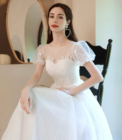 White tulle lace long prom dress A line evening gown  10057