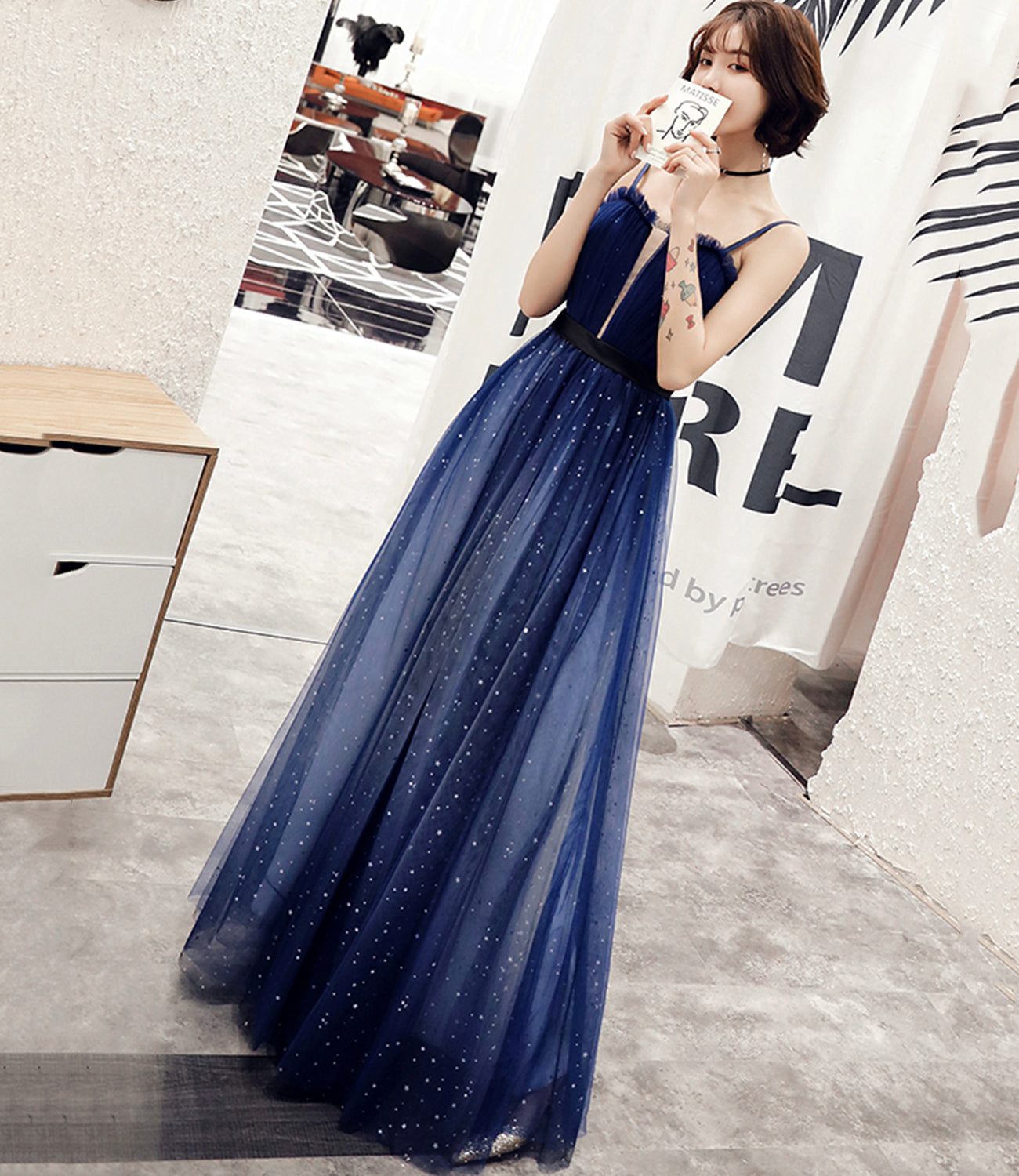 Blue tulle long A line prom dress blue evening dress  10068