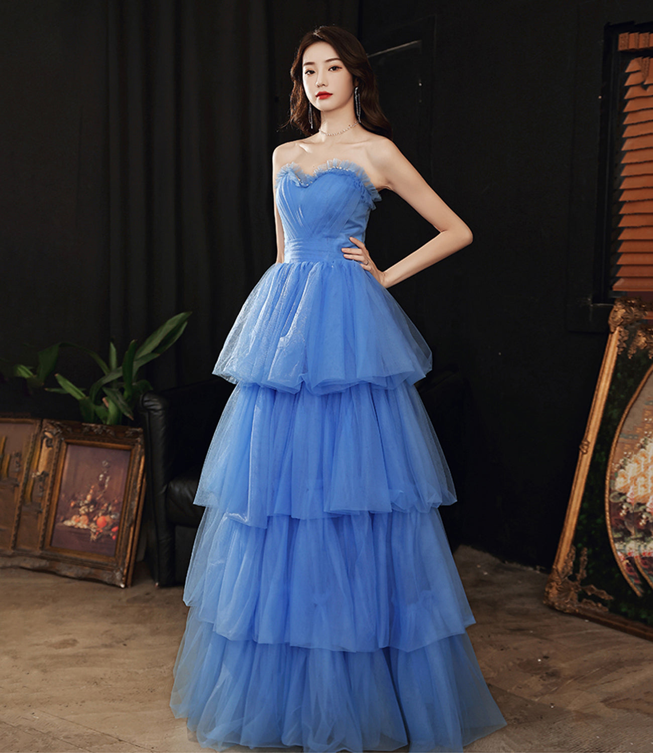 Blue tulle long A line prom dress blue evening gown  10053