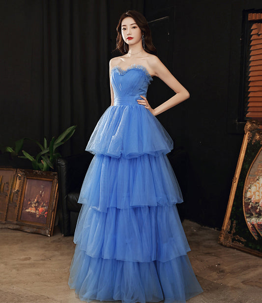 Blue tulle long A line prom dress blue evening gown  10053