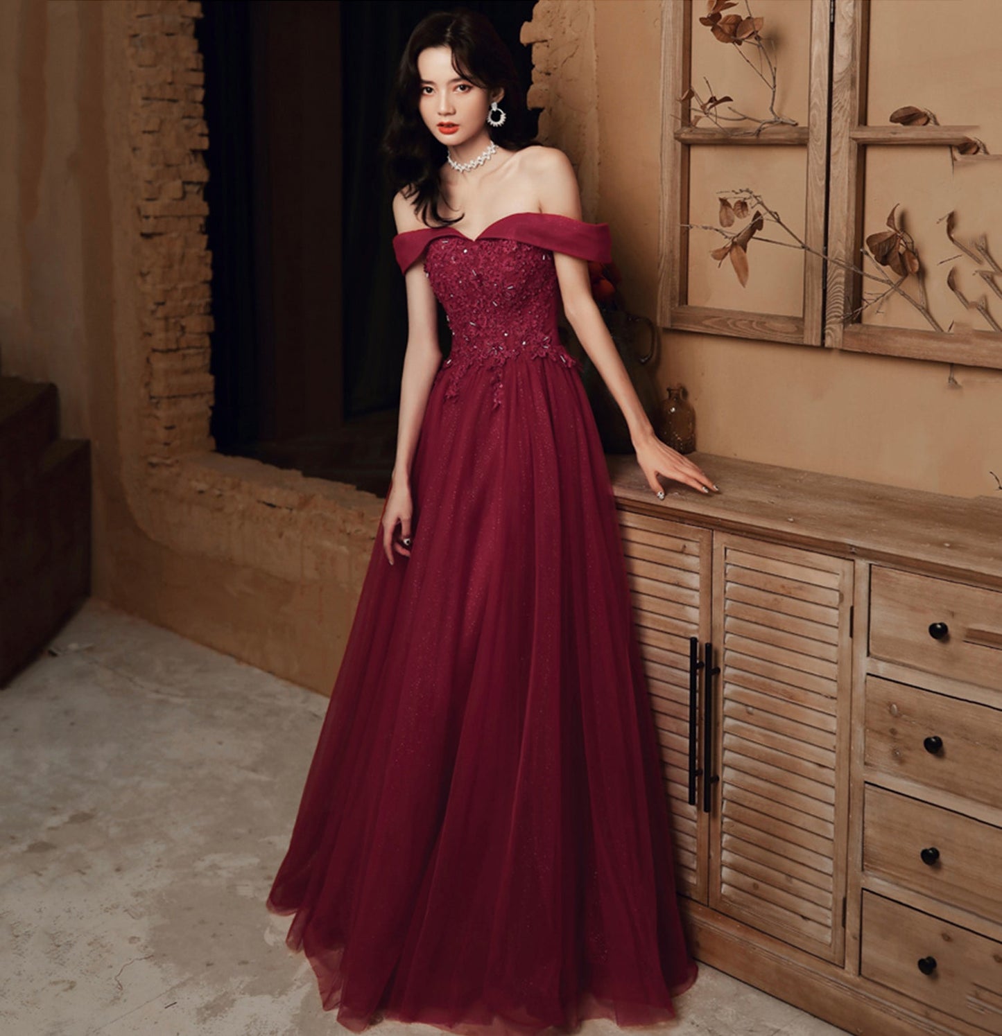 Burgundy lace beads long prom dress evening dress  10114