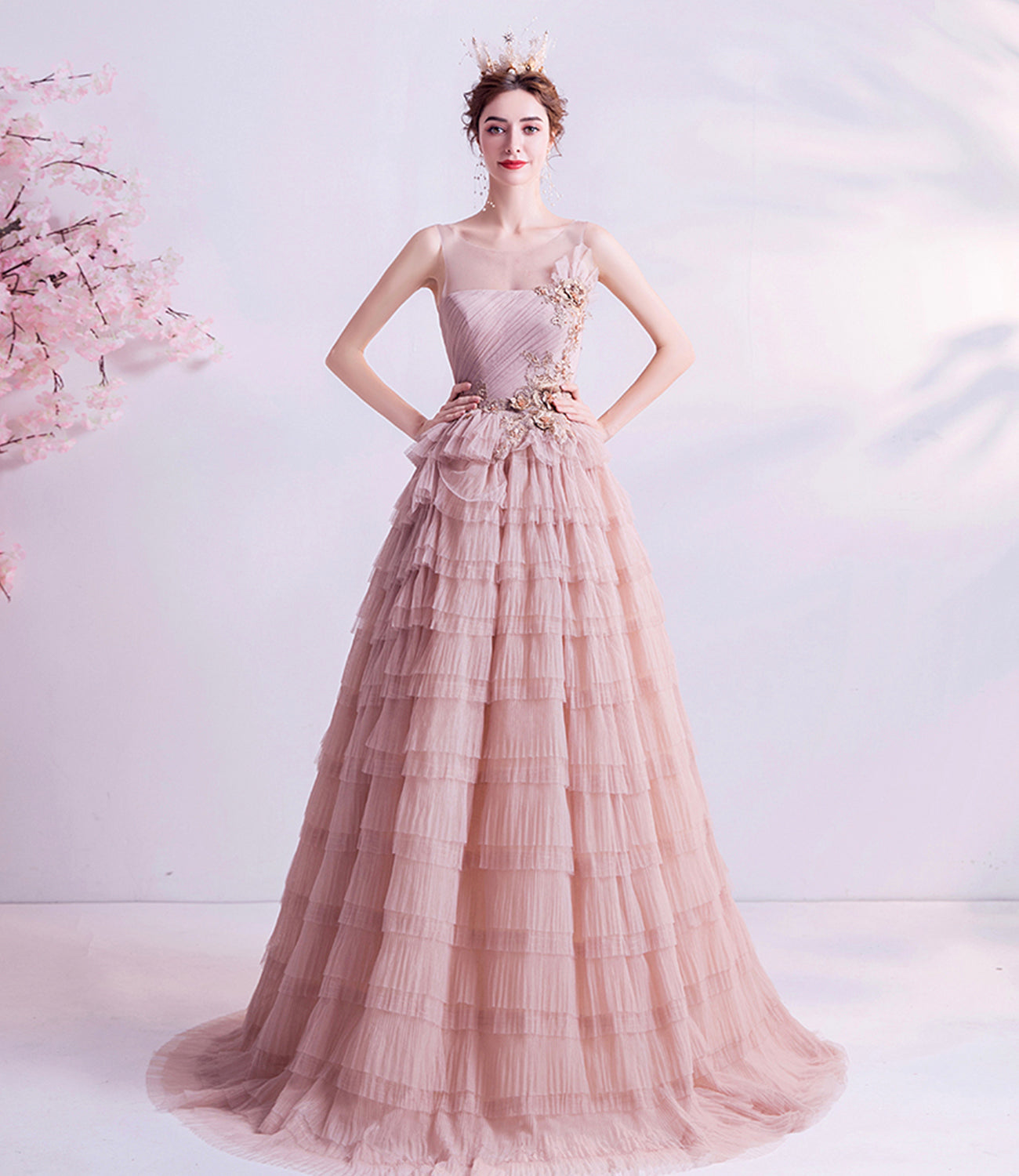 Pink tulle lace long prom dress A line evening gown  10059