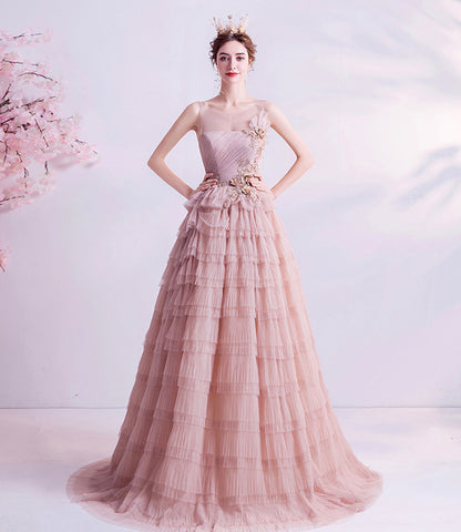 Pink tulle lace long prom dress A line evening gown  10059