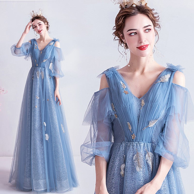 Blue v neck tulle long prom dress A line evening dress  10144