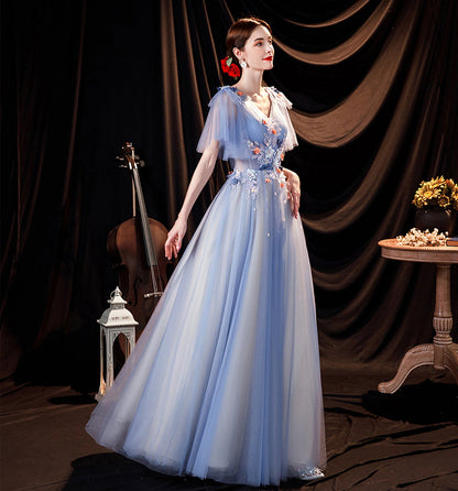 Blue tulle lace long prom dress A line evening gown  10056