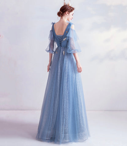 Blue v neck tulle long prom dress A line evening dress  10144