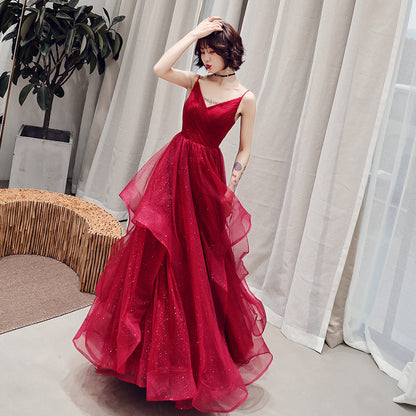 Burgundy v neck tulle long prom dress, formal dress  10082