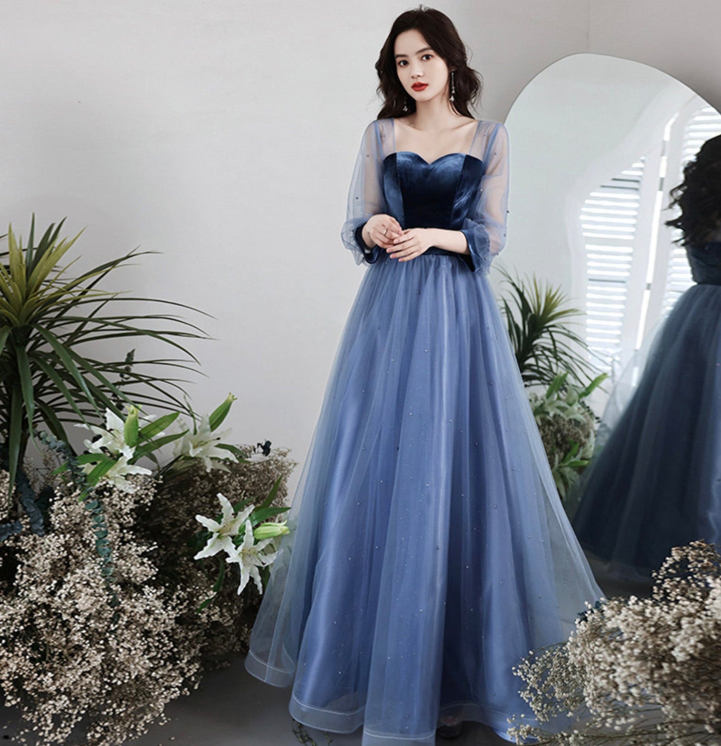 Blue vlevet tulle long prom dress A line evening gown  10077