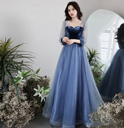 Blue vlevet tulle long prom dress A line evening gown  10077