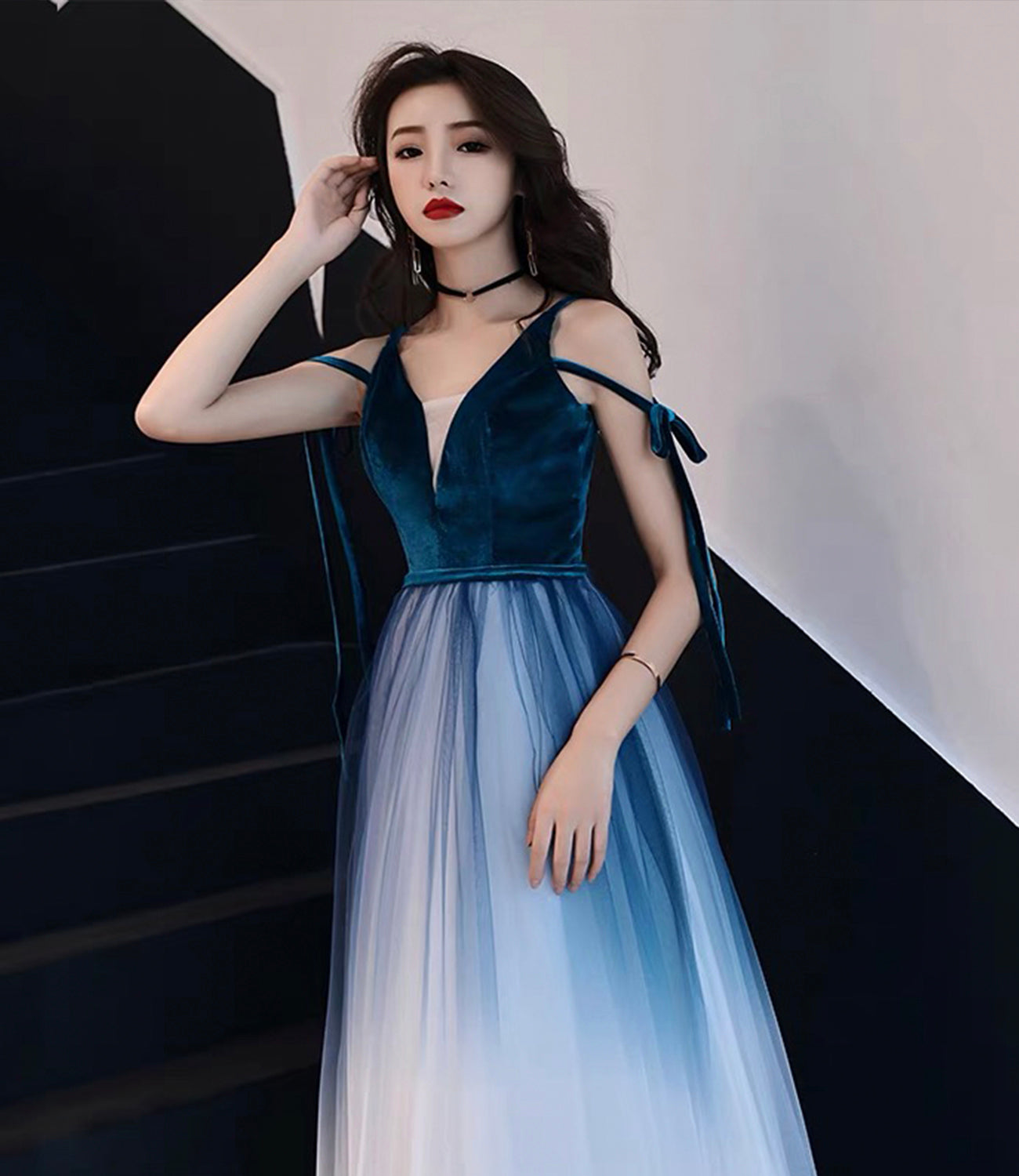 Blue velvet tulle long prom dress evening dress  10069
