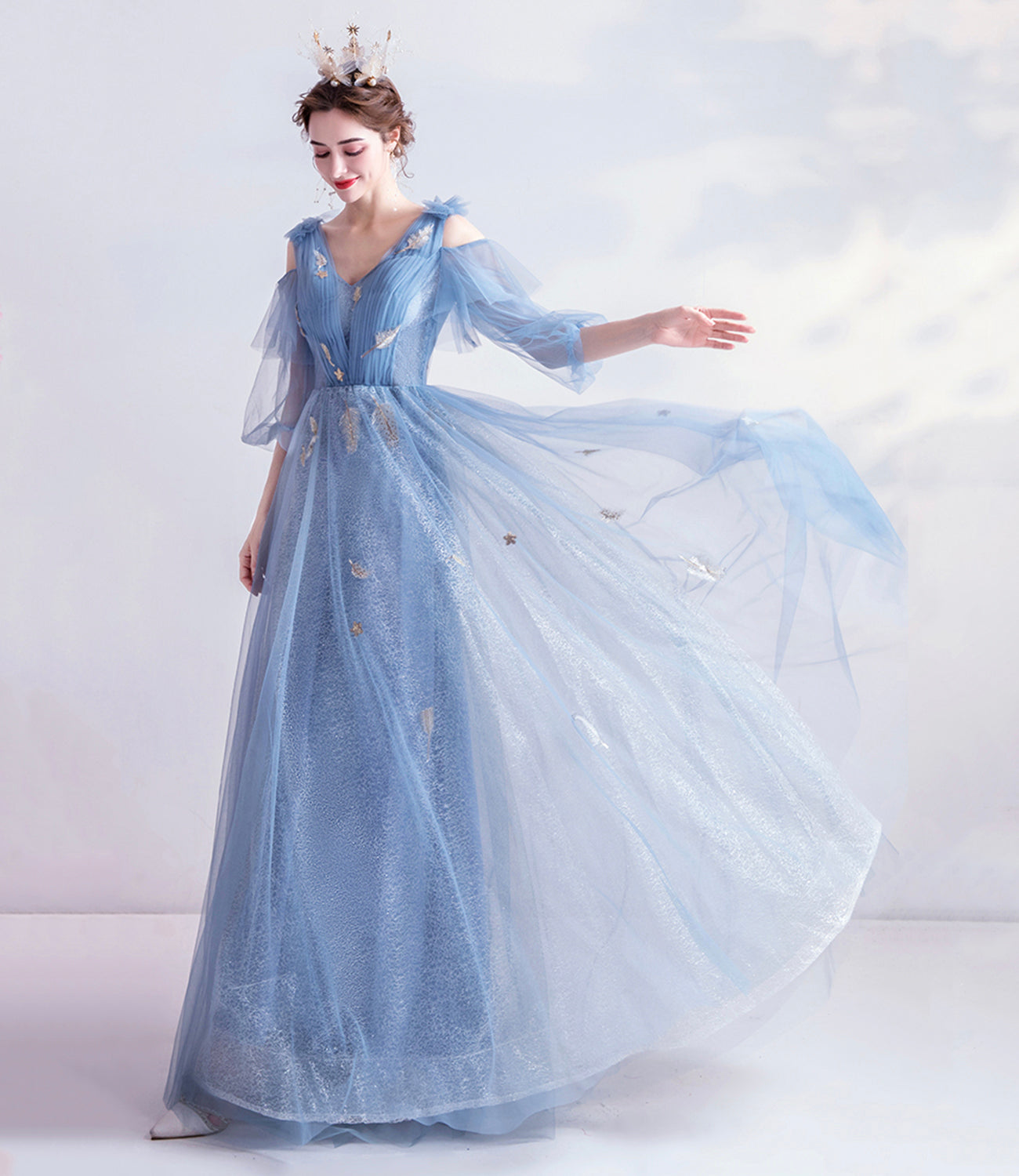 Blue v neck tulle long prom dress A line evening dress  10144