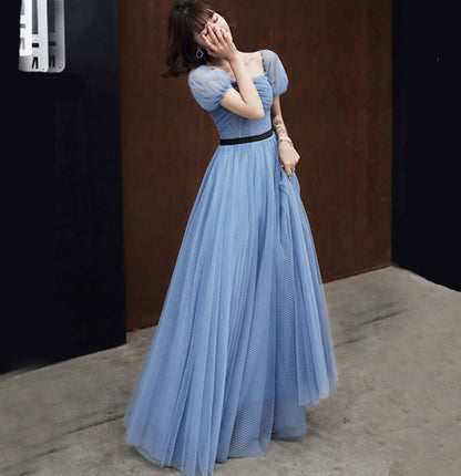 Blue tulle long prom dress blue evening dress  10054