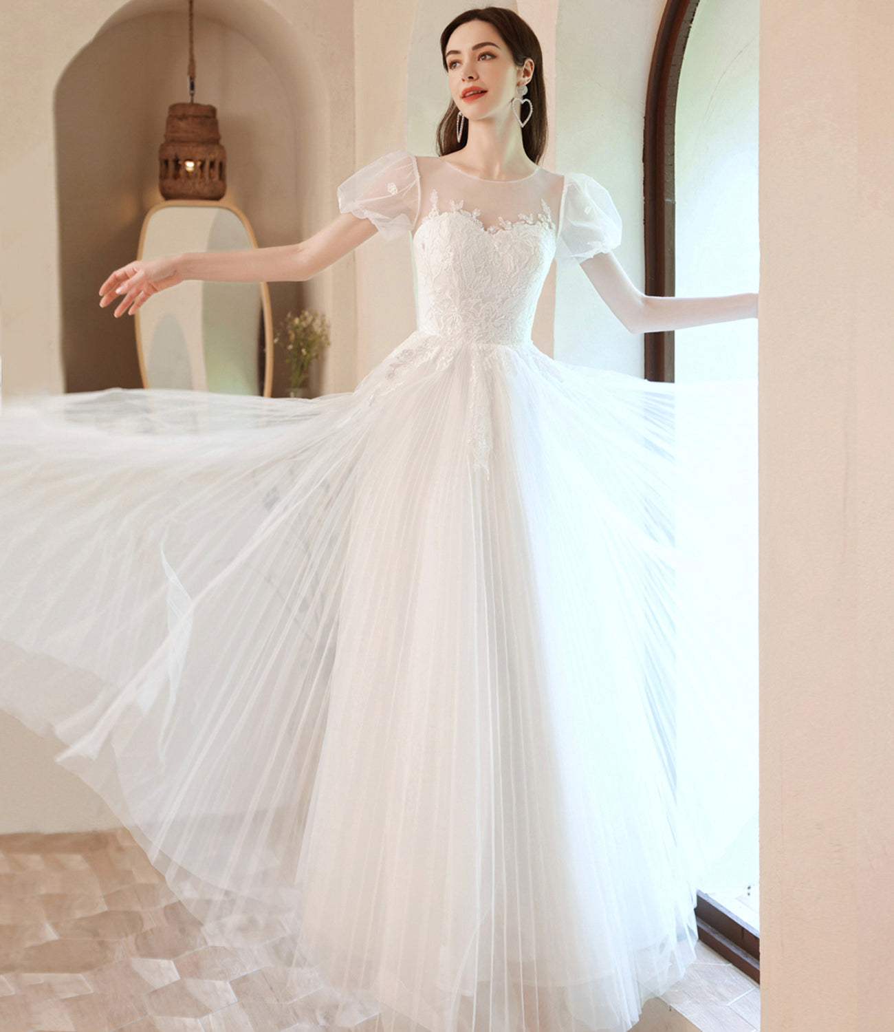 White tulle lace long prom dress A line evening gown  10057