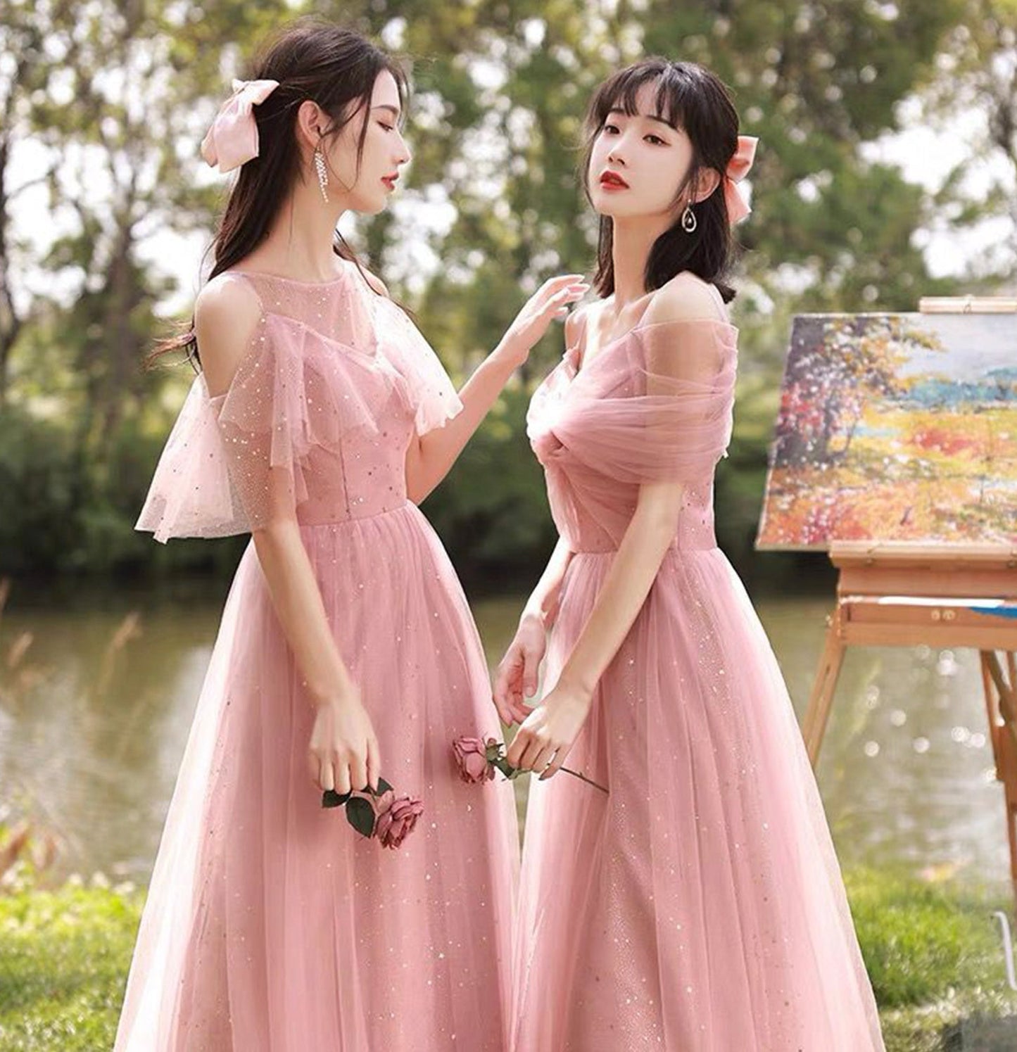 Pink tulle long A line prom dress pink evening dress  10040