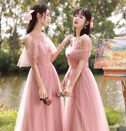 Pink tulle long A line prom dress pink evening dress  10040