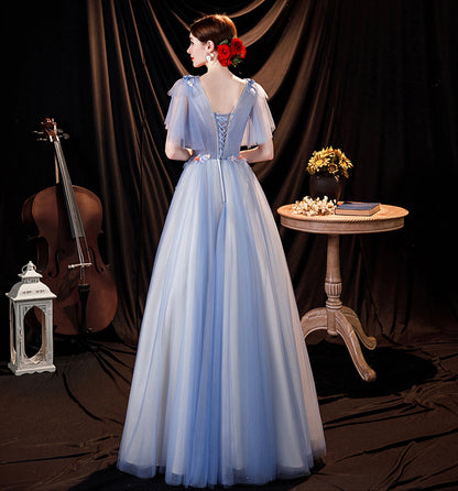 Blue tulle lace long prom dress A line evening gown  10056