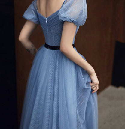 Blue tulle long prom dress blue evening dress  10054
