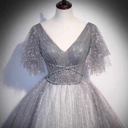 Gray tulle sequins long prom dress A line evening gown  10103