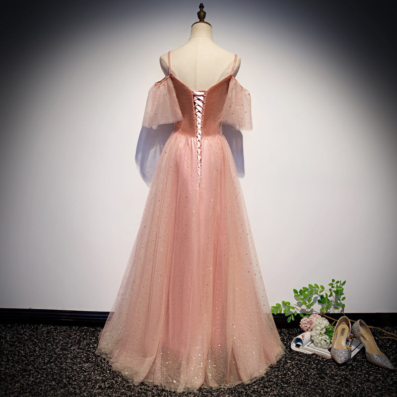 Pink velvet tulle long prom dress, pink evening dress  10079