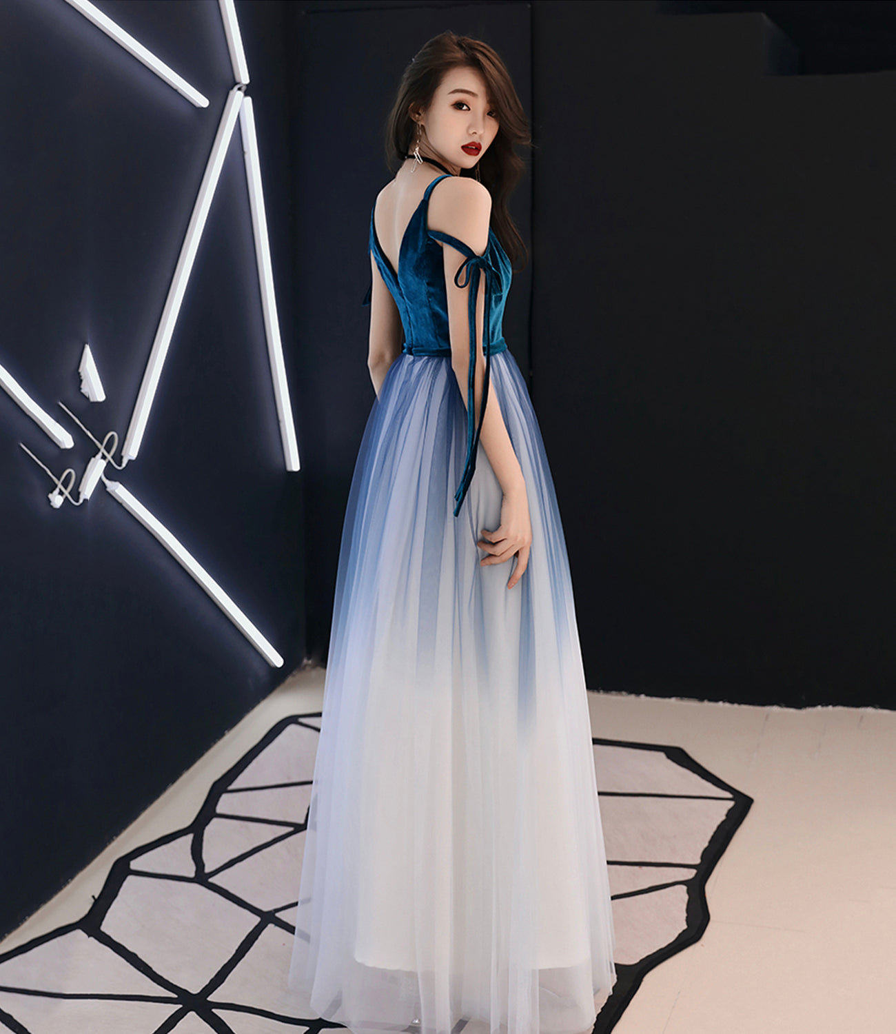Blue velvet tulle long prom dress evening dress  10069