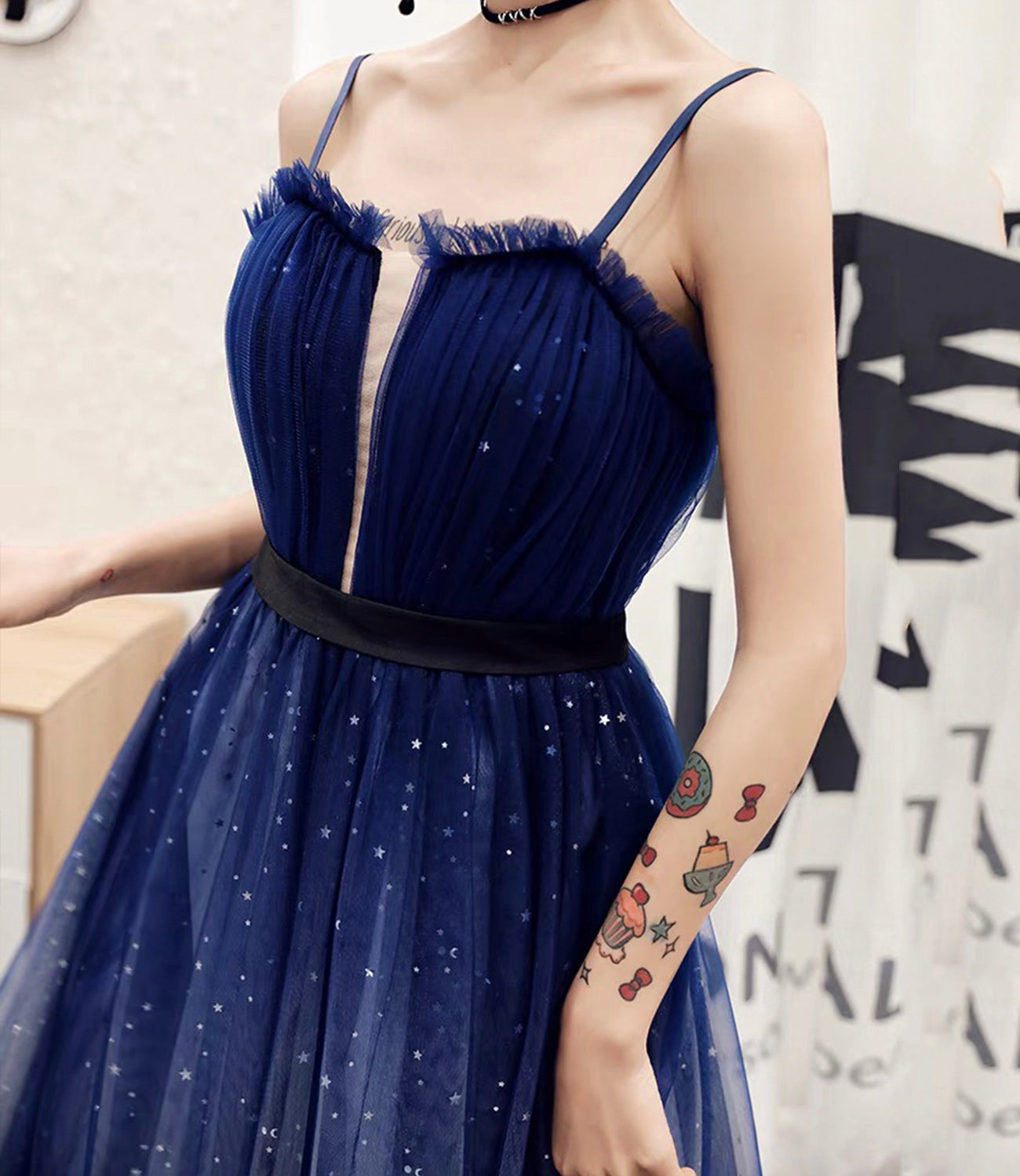 Blue tulle long A line prom dress blue evening dress  10068