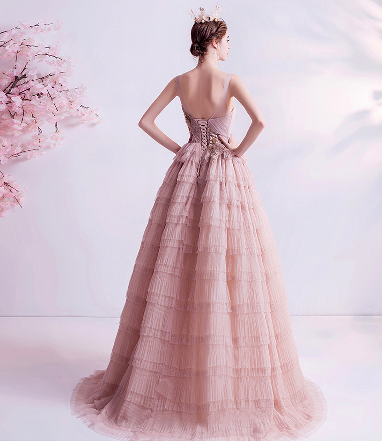 Pink tulle lace long prom dress A line evening gown  10059