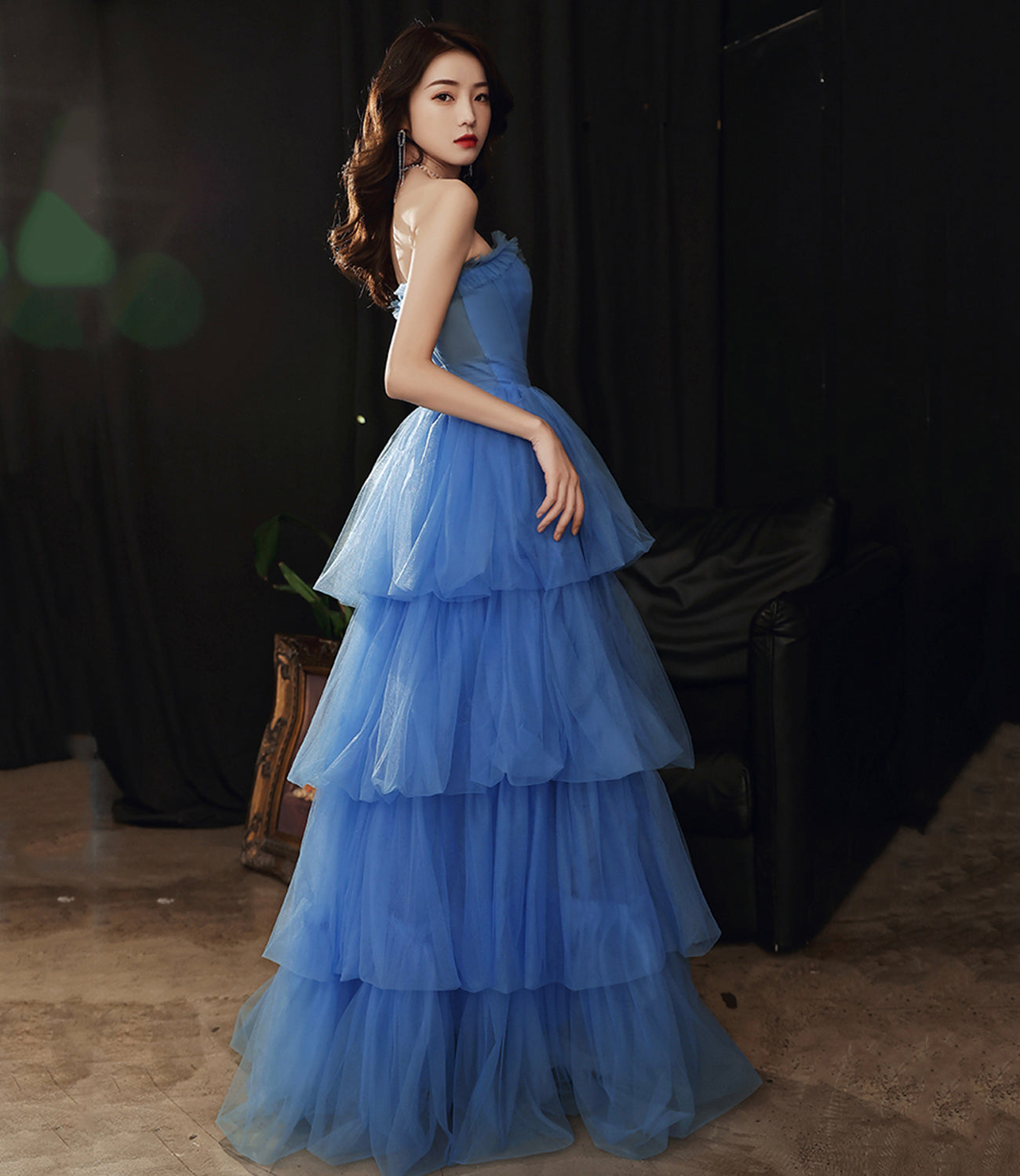Blue tulle long A line prom dress blue evening gown  10053