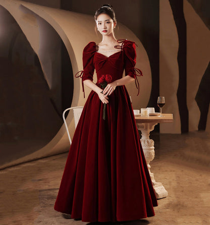 Burgundy velvet long prom dress A line evening gown  10025