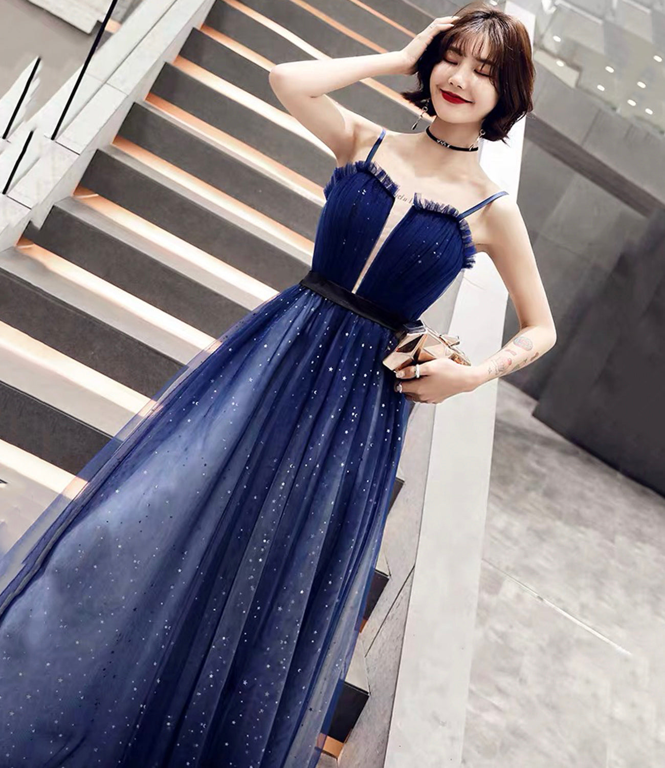 Blue tulle long A line prom dress blue evening dress  10068