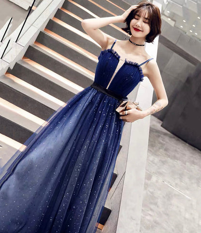 Blue tulle long A line prom dress blue evening dress  10068